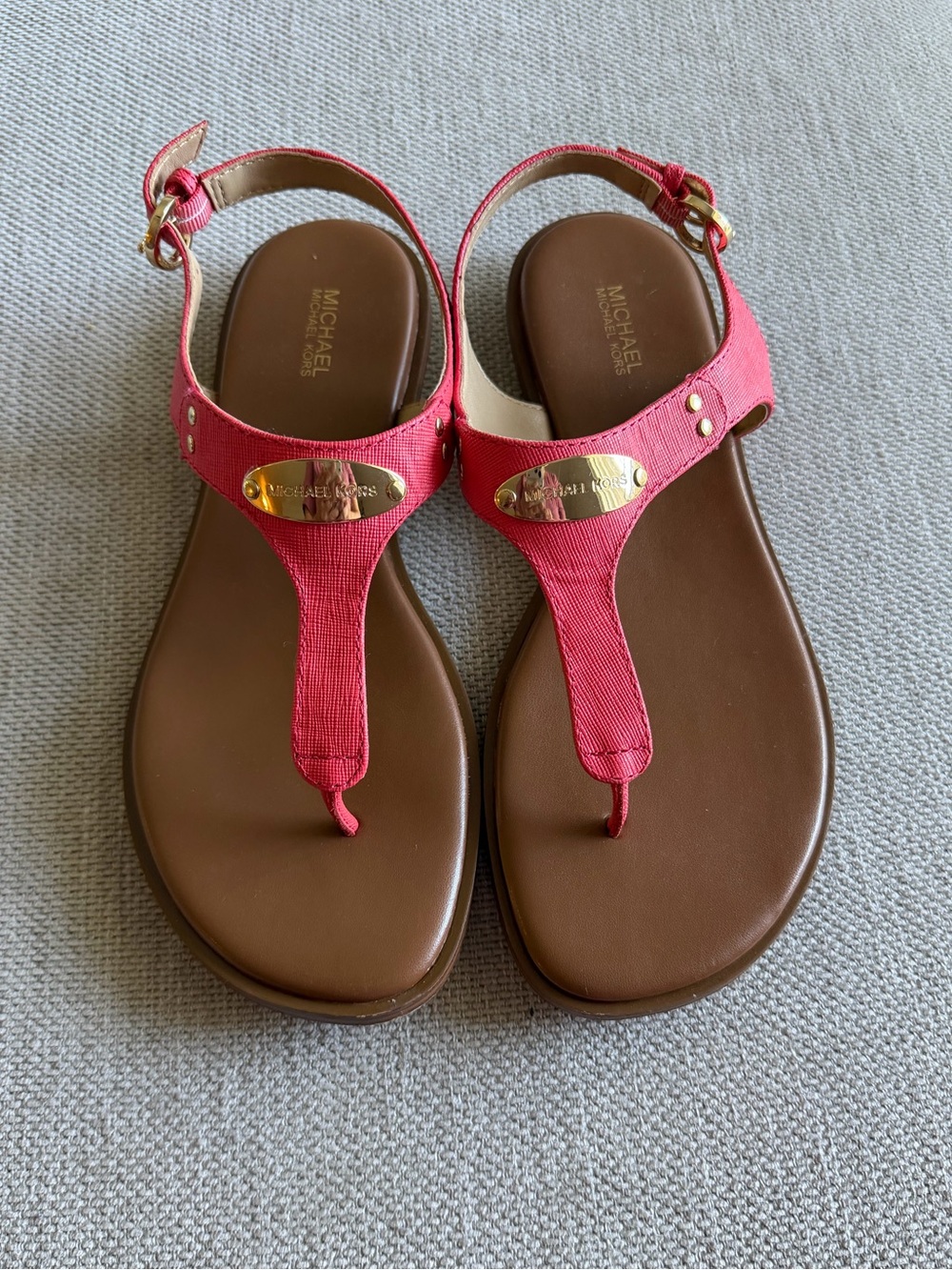 Michael Kors Coral Pink T-Strap Sandals with Gold Accent